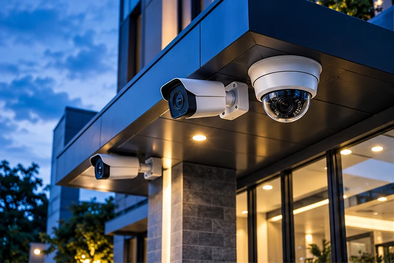 Modern building with security cameras, illustrative technology visual